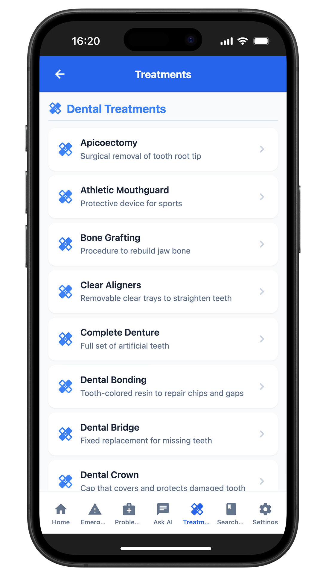 Dental treatments list